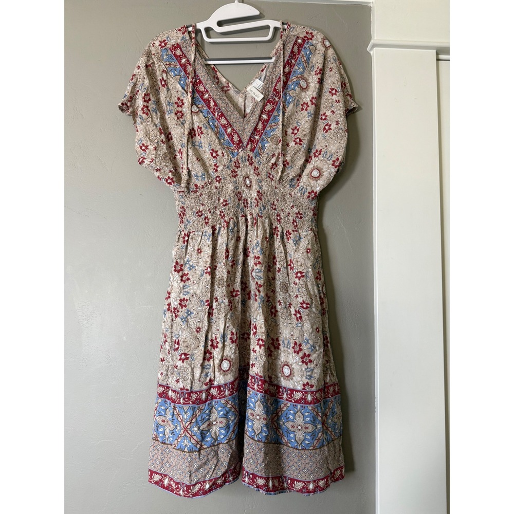 Just the Girl Floral Boho Smocked Waist Rayon V-Neck Dress Tan Red Blue L